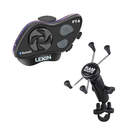 A Lexin Bluetooth intercom system with model number LX-FT4 and Ram Mounts X-Grip combo kit. The device is black with some purple detailing and has various buttons and a display screen.
