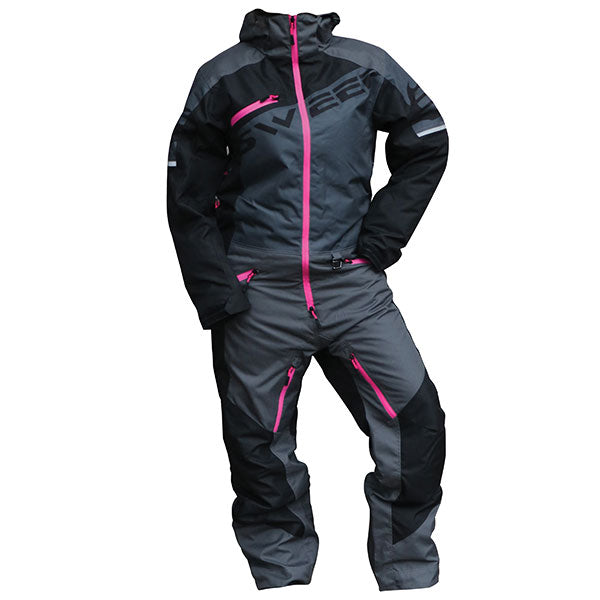 A monosuit designed for winter sports, featuring a black and gray color scheme with pink accents, multiple pockets, and waterproof zippers.