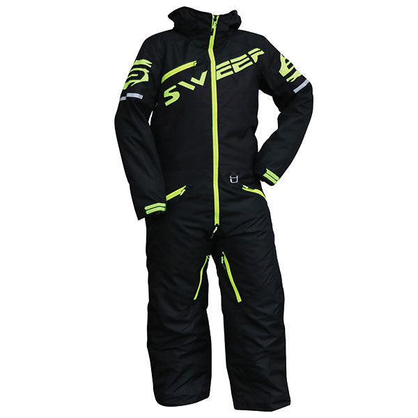 A youth insulated monosuit for snowboarding, predominantly black with green and pink accents, featuring multiple pockets, zippers, and a hood.