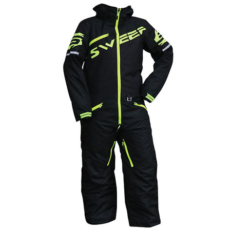 A youth insulated monosuit for snowboarding, predominantly black with green and pink accents, featuring multiple pockets, zippers, and a hood.