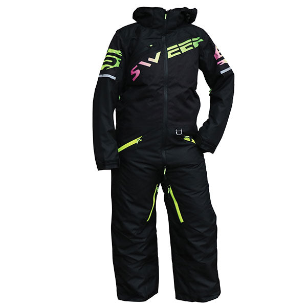 A youth insulated monosuit for snowboarding, predominantly black with green and pink accents, featuring multiple pockets, zippers, and a hood.