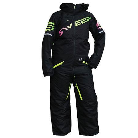 A youth insulated monosuit for snowboarding, predominantly black with green and pink accents, featuring multiple pockets, zippers, and a hood.