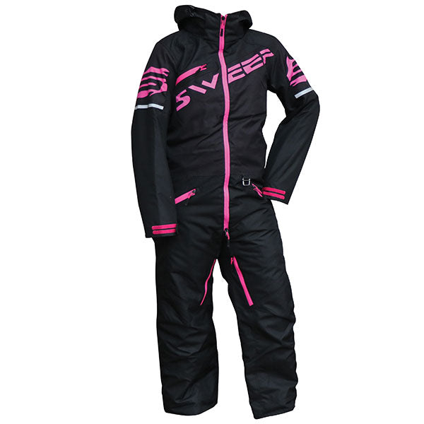 A youth insulated monosuit for snowboarding, predominantly black with green and pink accents, featuring multiple pockets, zippers, and a hood.