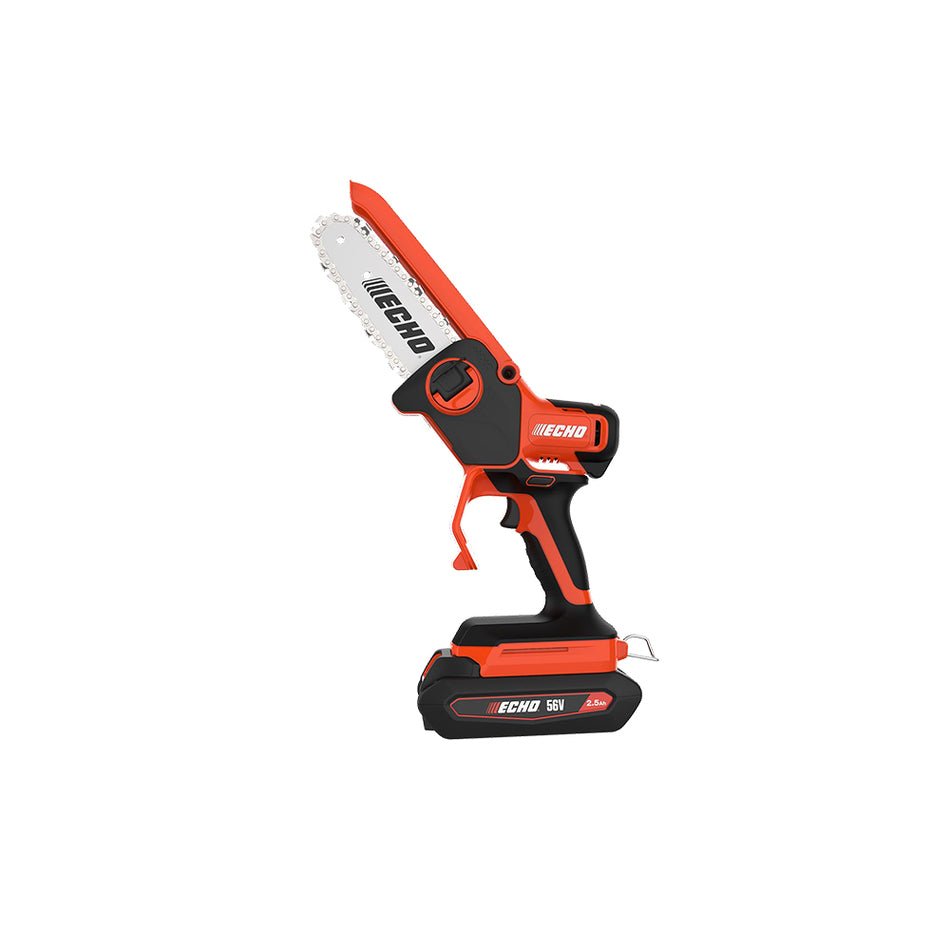 Electric pruning saw with red and black design on a white background