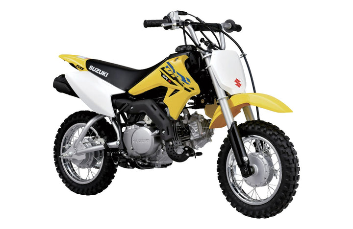 A yellow and black Suzuki DR-Z50 motorcycle with black rims and a high seat.
