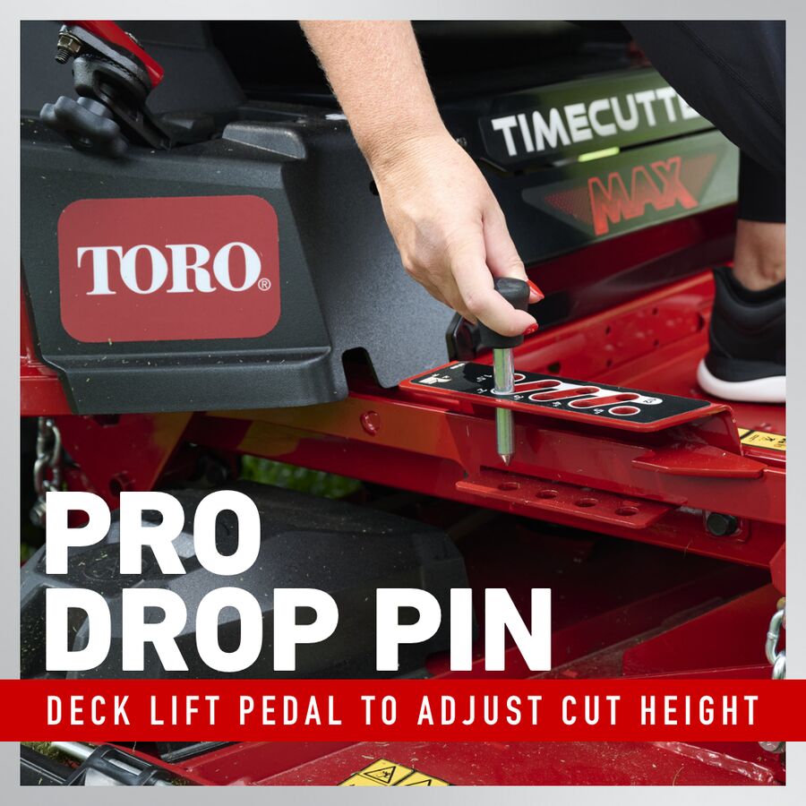Person adjusting a Toro lawn mower with text on deck lift pedal and cut height.