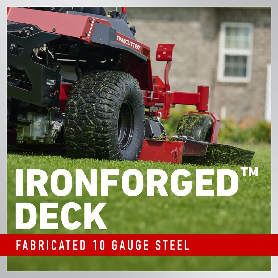 Mower with 'Ironforged Deck' text on a grassy background