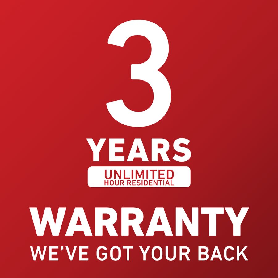 Red background with white text indicating a 3-year warranty for residential use.