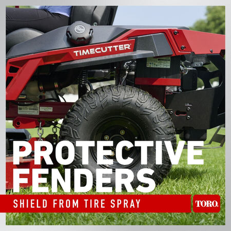 Red Toro Timecutter tractor with protective fenders on a grassy background