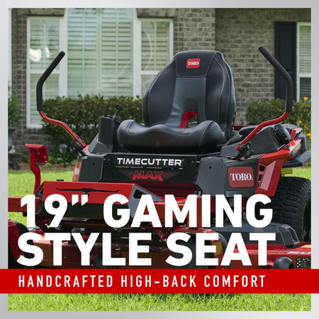 Toro riding lawn mower with 19-inch gaming style seat in front of a house.