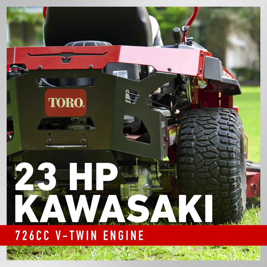 Red Toro lawn mower with 23 HP Kawasaki engine on grass