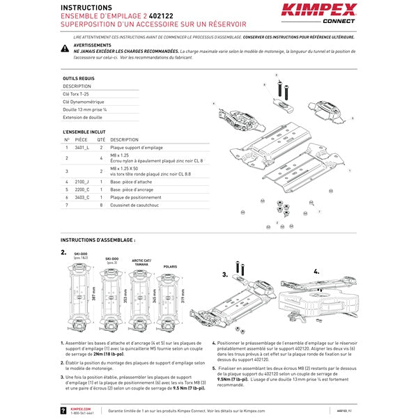 Kimpex Connect Ensemble d’empilage 2 Kimpex Connect pour superposer un accessoire sur un réservoir (402222)