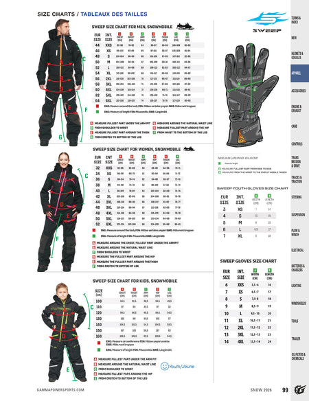 Size chart for snowmobile clothing and gloves with models and measurements.