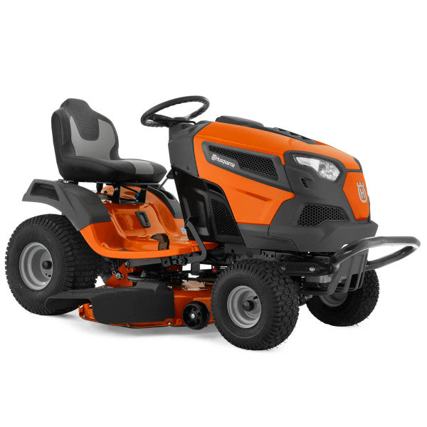 A Husqvarna TS 146 46 Inch Riding Lawn Mower with an orange and black color scheme, featuring a reinforced steel deck, hydrostatic transmission, and a Briggs & Stratton engine.