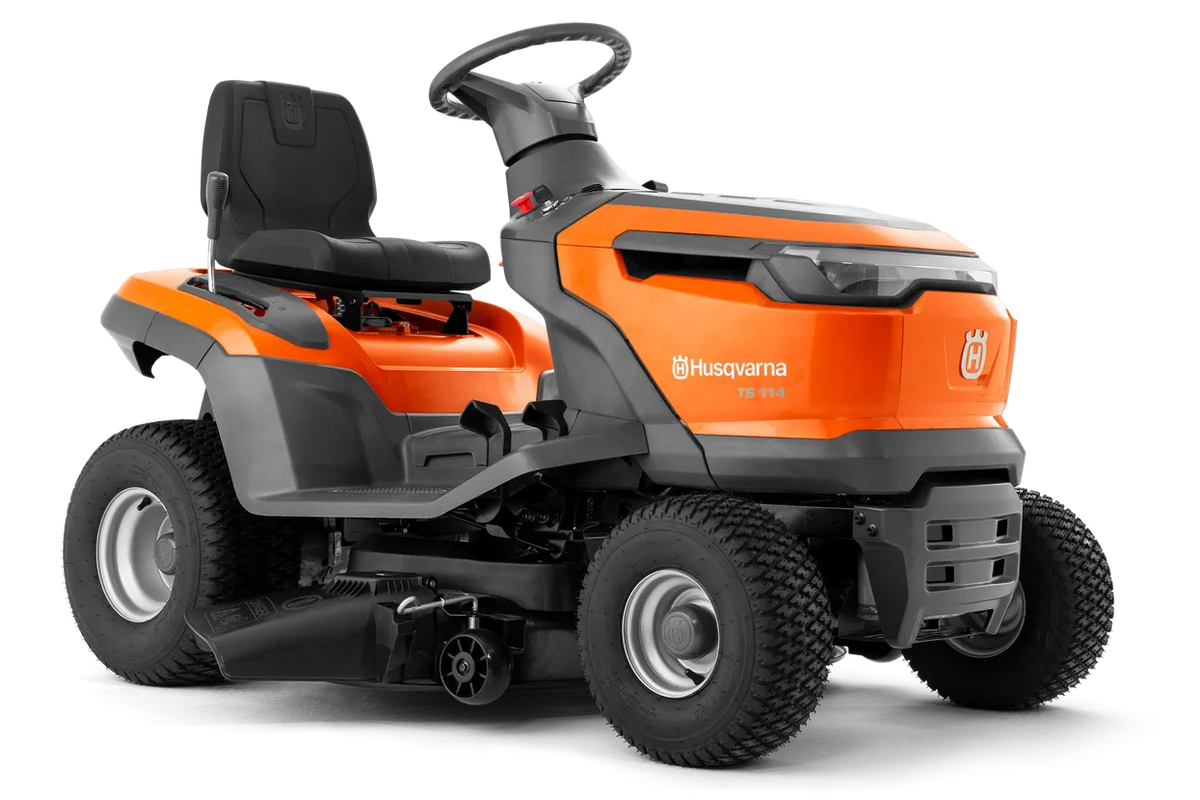 Orange and black Husqvarna riding lawn mower on a white background