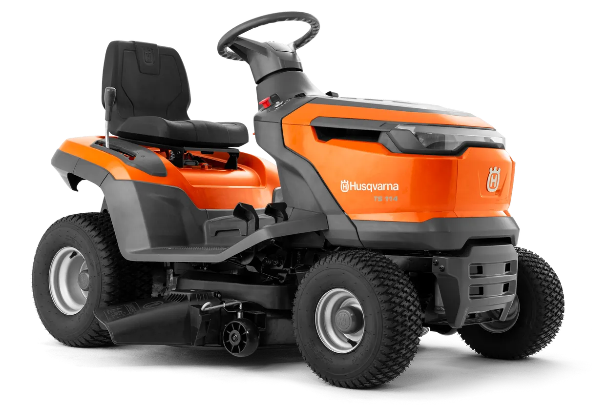 Orange and black Husqvarna riding lawn mower on a white background