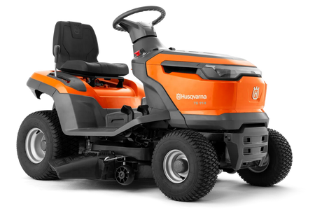 Orange and black Husqvarna riding lawn mower on a white background