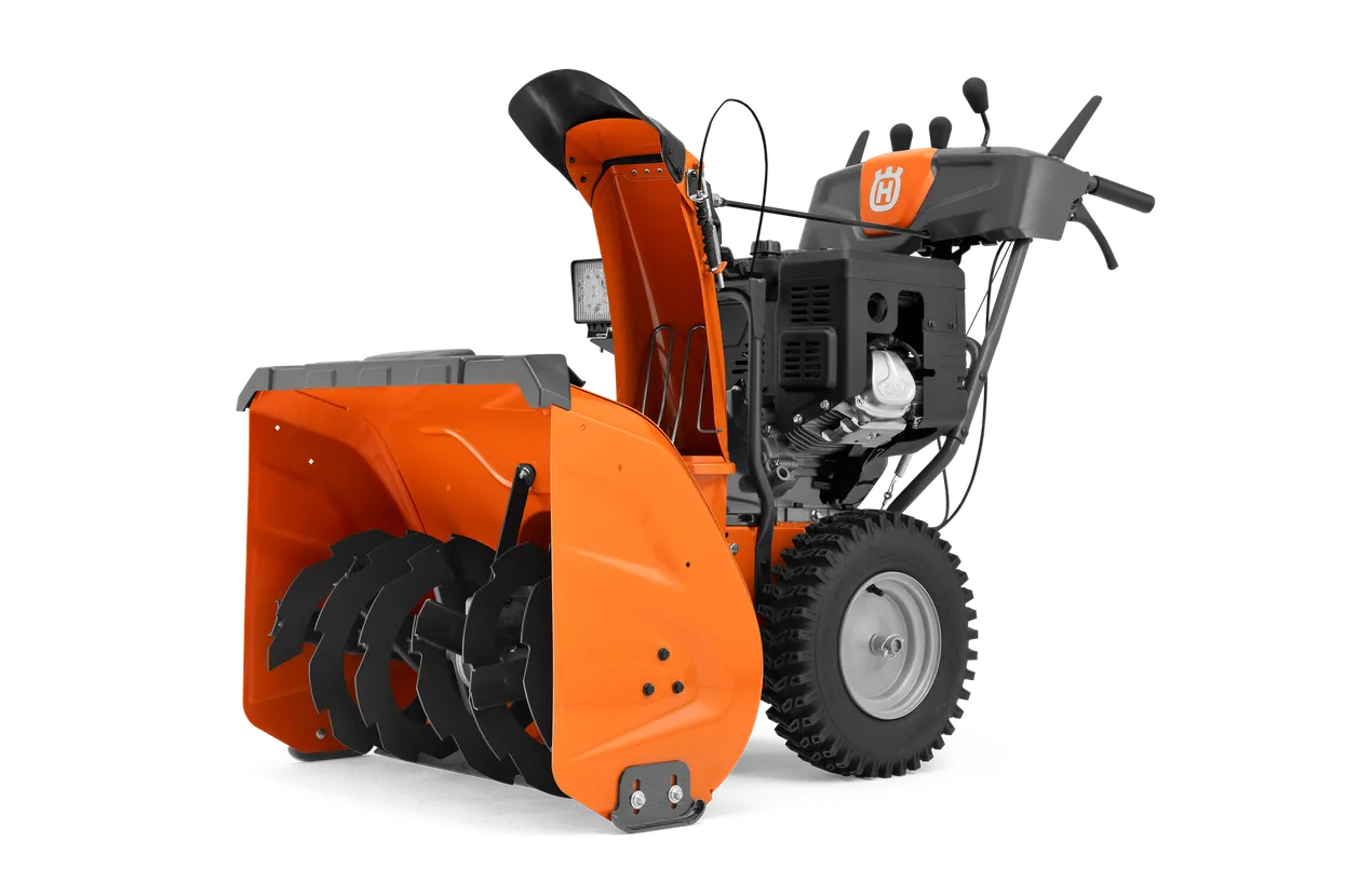 Husqvarna ST376 snow thrower, front right view with discharge chute