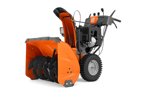 Husqvarna ST376 snow thrower, front right view with discharge chute