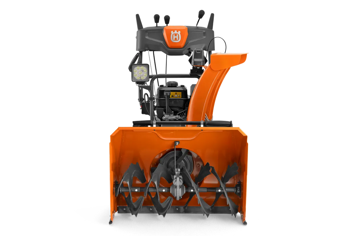 Husqvarna ST269 snow thrower, front view of the 27 inch auger housing