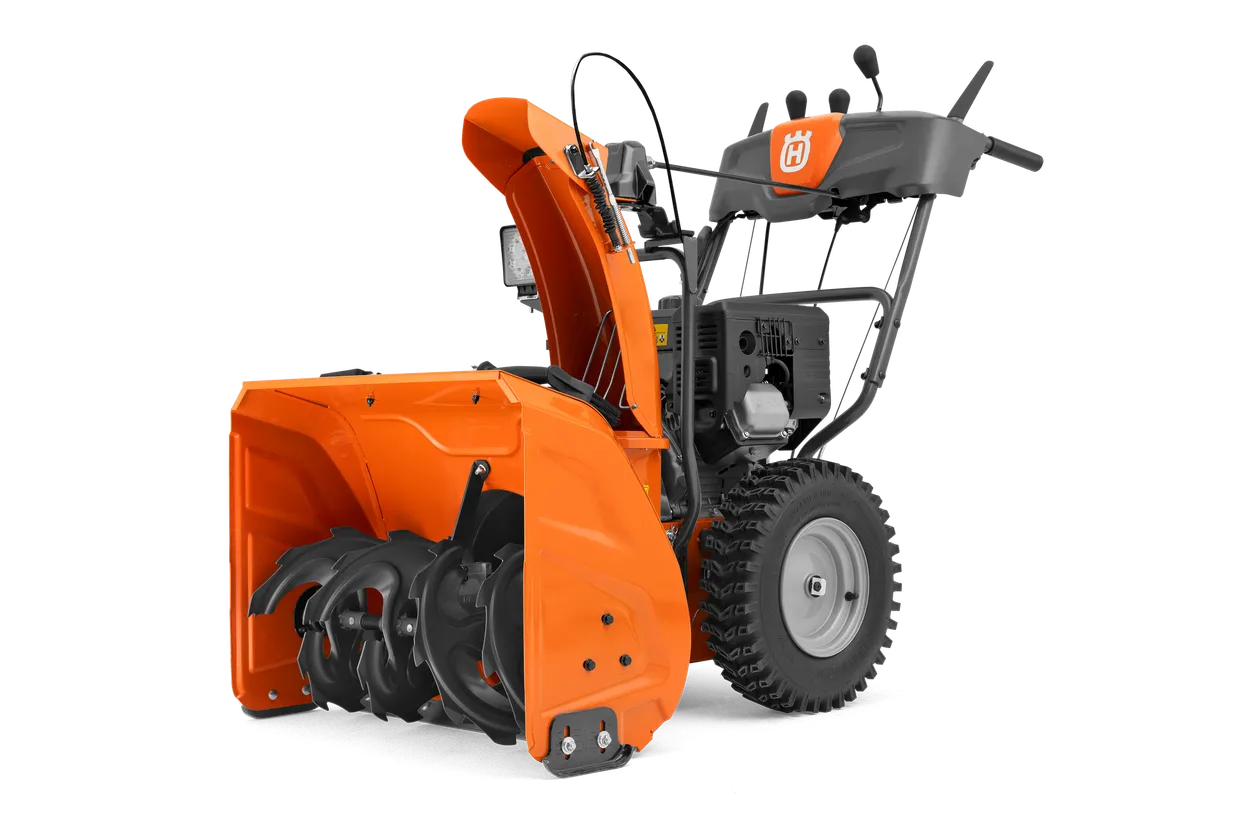 Husqvarna ST269 snow thrower, front right view with discharge chute