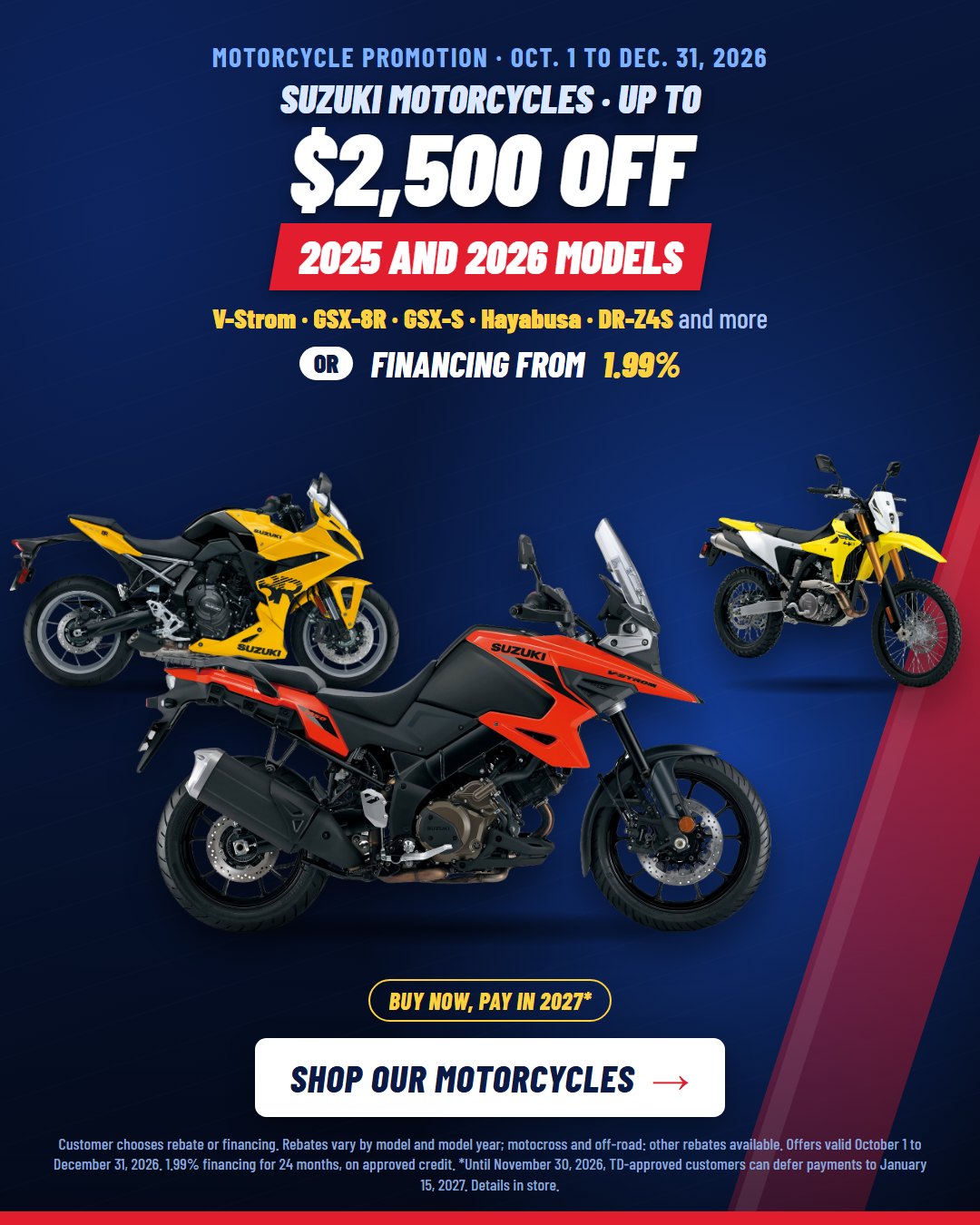 Suzuki motorcycle promotion: up to $2,500 off or financing from 1.99% on 2025 and 2026 models, October 1 to December 31, 2026