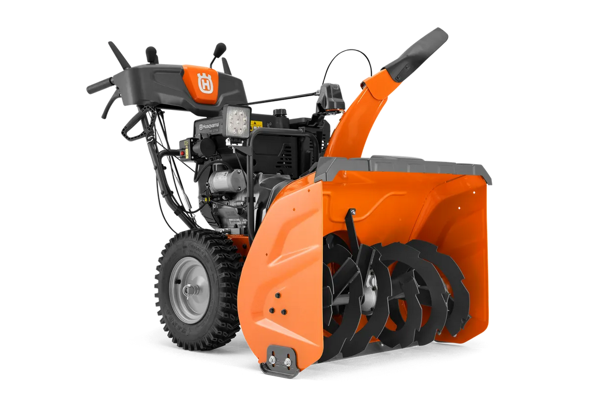 Husqvarna ST376 two stage gas snow thrower, front left view
