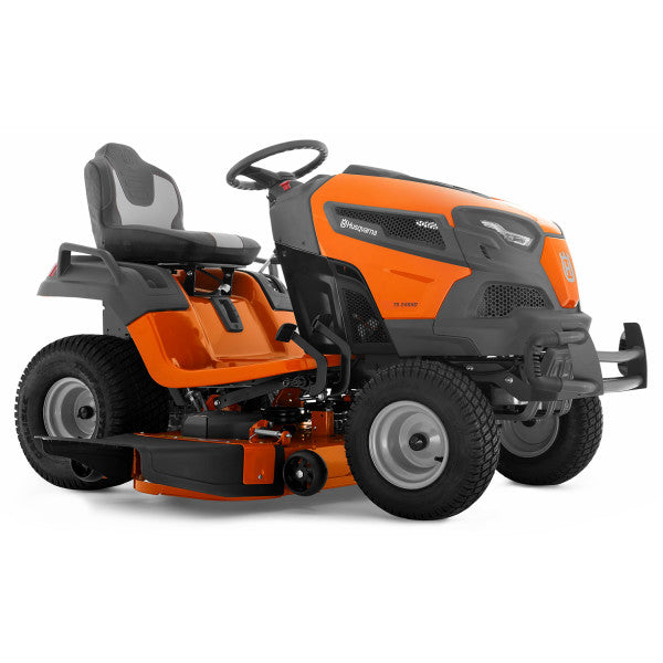 A Husqvarna TS 248XD riding lawn mower with a 48-inch ClearCut™ fabricated deck, heavy-duty steel frame, solid steel hood, and orange color scheme.