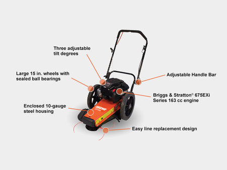 Lawn mower with labeled features on a white background