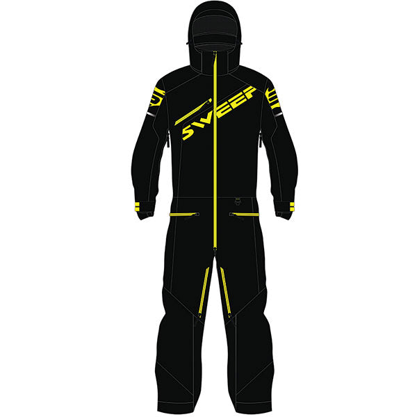 A black and yellow Sweep Youth Razor Insulated Monosuit for snowboarding, featuring a full-body outer shell with Thermoline insulation, multiple pockets, and waterproof zippers.