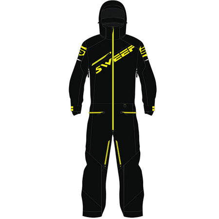 A black and yellow Sweep Youth Razor Insulated Monosuit for snowboarding, featuring a full-body outer shell with Thermoline insulation, multiple pockets, and waterproof zippers.