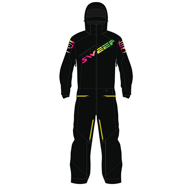 A black and yellow Sweep Youth Razor Insulated Monosuit for snowboarding, featuring a full-body outer shell with Thermoline insulation, multiple pockets, and waterproof zippers.