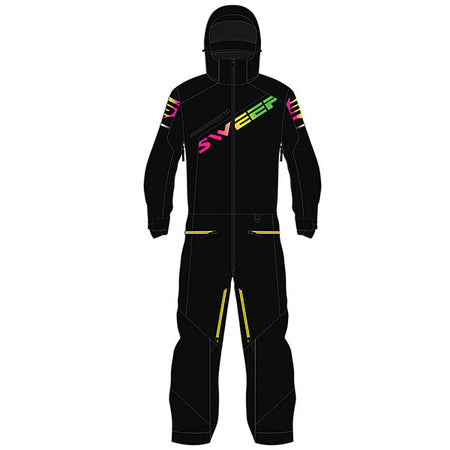 A black and yellow Sweep Youth Razor Insulated Monosuit for snowboarding, featuring a full-body outer shell with Thermoline insulation, multiple pockets, and waterproof zippers.