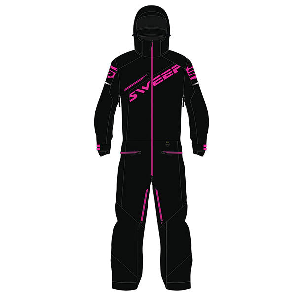 A black and yellow Sweep Youth Razor Insulated Monosuit for snowboarding, featuring a full-body outer shell with Thermoline insulation, multiple pockets, and waterproof zippers.