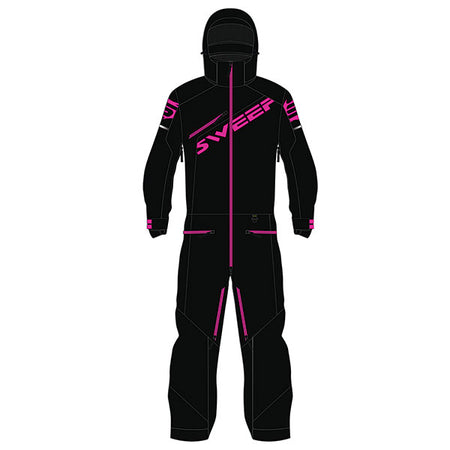 A black and yellow Sweep Youth Razor Insulated Monosuit for snowboarding, featuring a full-body outer shell with Thermoline insulation, multiple pockets, and waterproof zippers.